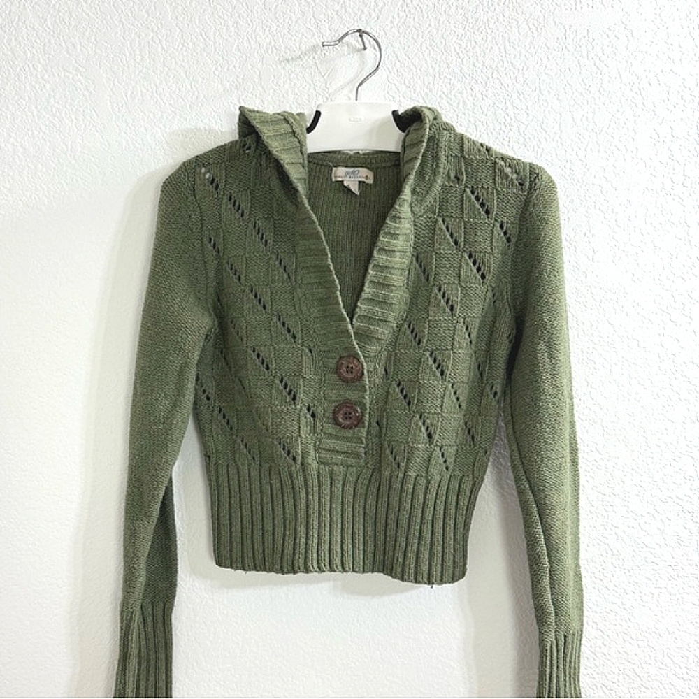 SO Lounge Hoodie Womens Open Knit, Army Green Cropped Wool Pullover